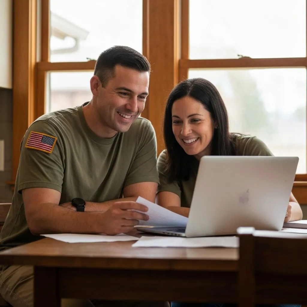 Military family reviewing homebuying documents together